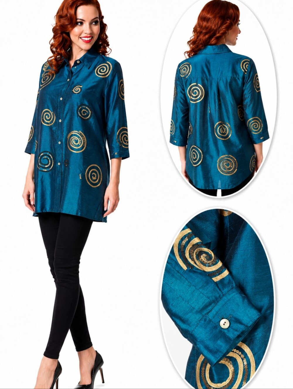 Vtg 70s 100% silk blouse peacock blue rhinestone embellished scroll pattern sz L
